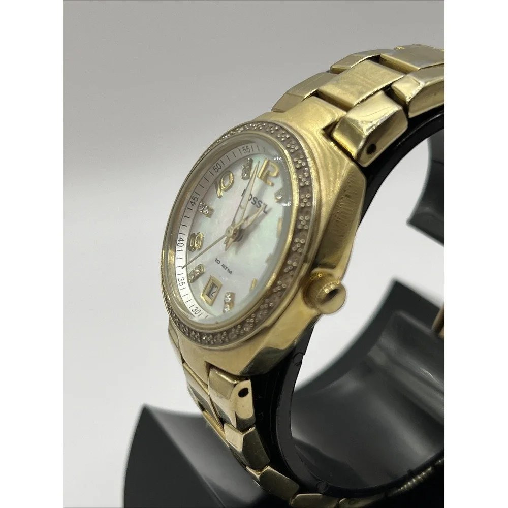 Fossil‎ AM4219 Gold/Rhinestone MOP Dial Date Women's Watch- New Battery!